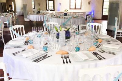 Chaises et tables en fer forgé disposées sous un grand arbre dans un jardin verdoyant, éclairé par la lumière du jour.
