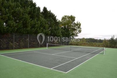 Terrain de tennis extérieur avec surface verte et grillage entouré d'arbres et d'un paysage naturel.