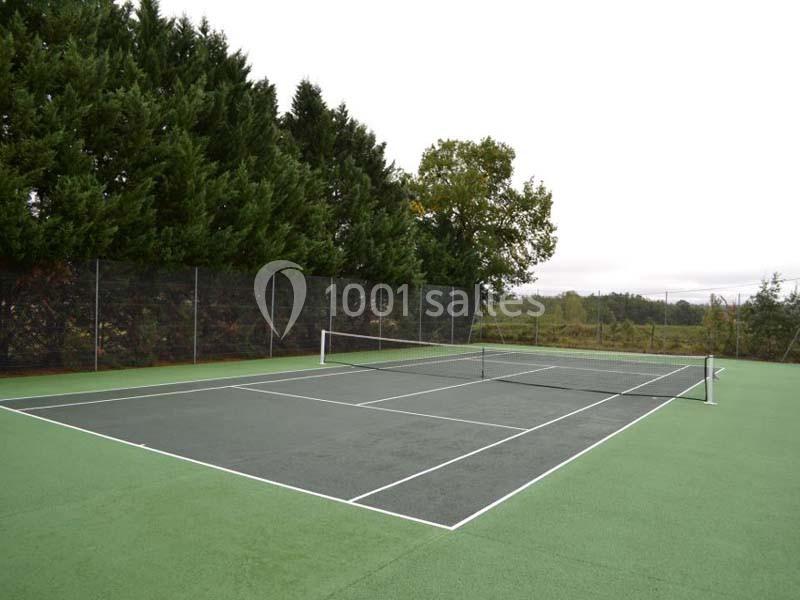 Terrain de tennis extérieur avec surface verte et grillage entouré d'arbres et d'un paysage naturel.