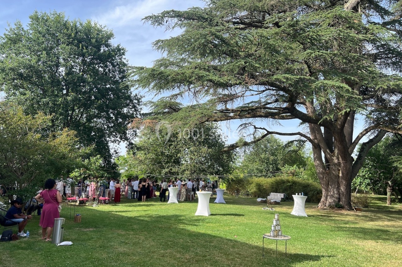 Groupe de personnes rassemblées dans un jardin pour un événement, avec des tables hautes et un grand arbre en arrière-plan.
