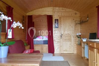 Bouteilles de jus de pomme, pot de confiture et noix disposés sur une nappe rouge à pois, avec un plat vert en arrière-plan.