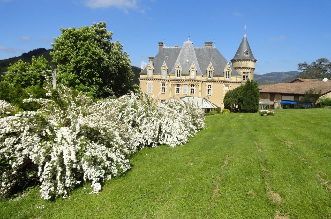 Château en pierre avec toit en ardoise, entouré de pelouse, arbustes fleuris et collines en arrière-plan.