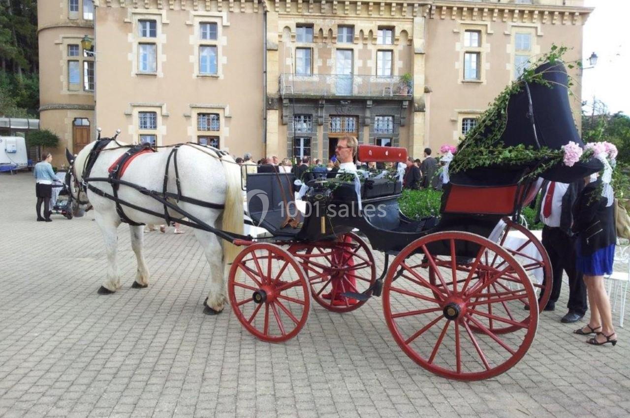 Calèche décorée de fleurs tirée par un cheval blanc, stationnée devant un bâtiment ancien en pierre beige.