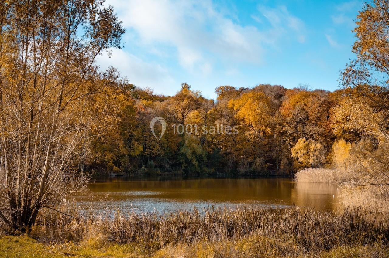 Paysage automnal avec un lac entouré d'arbres aux feuilles dorées sous un ciel bleu dégagé.