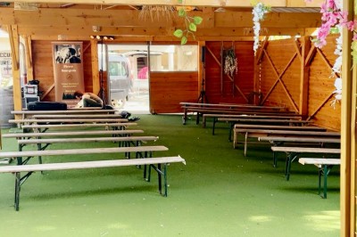 Salle en bois avec des bancs alignés sur un sol en gazon synthétique, décorée de fleurs suspendues.