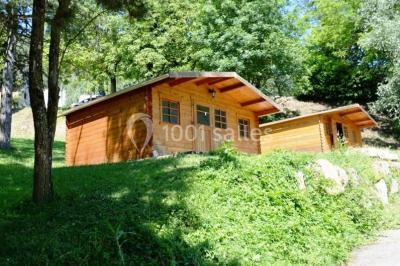 Salle en bois avec des bancs alignés sur un sol en gazon synthétique, décorée de fleurs suspendues.