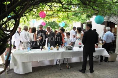 Salle en bois avec des bancs alignés sur un sol en gazon synthétique, décorée de fleurs suspendues.
