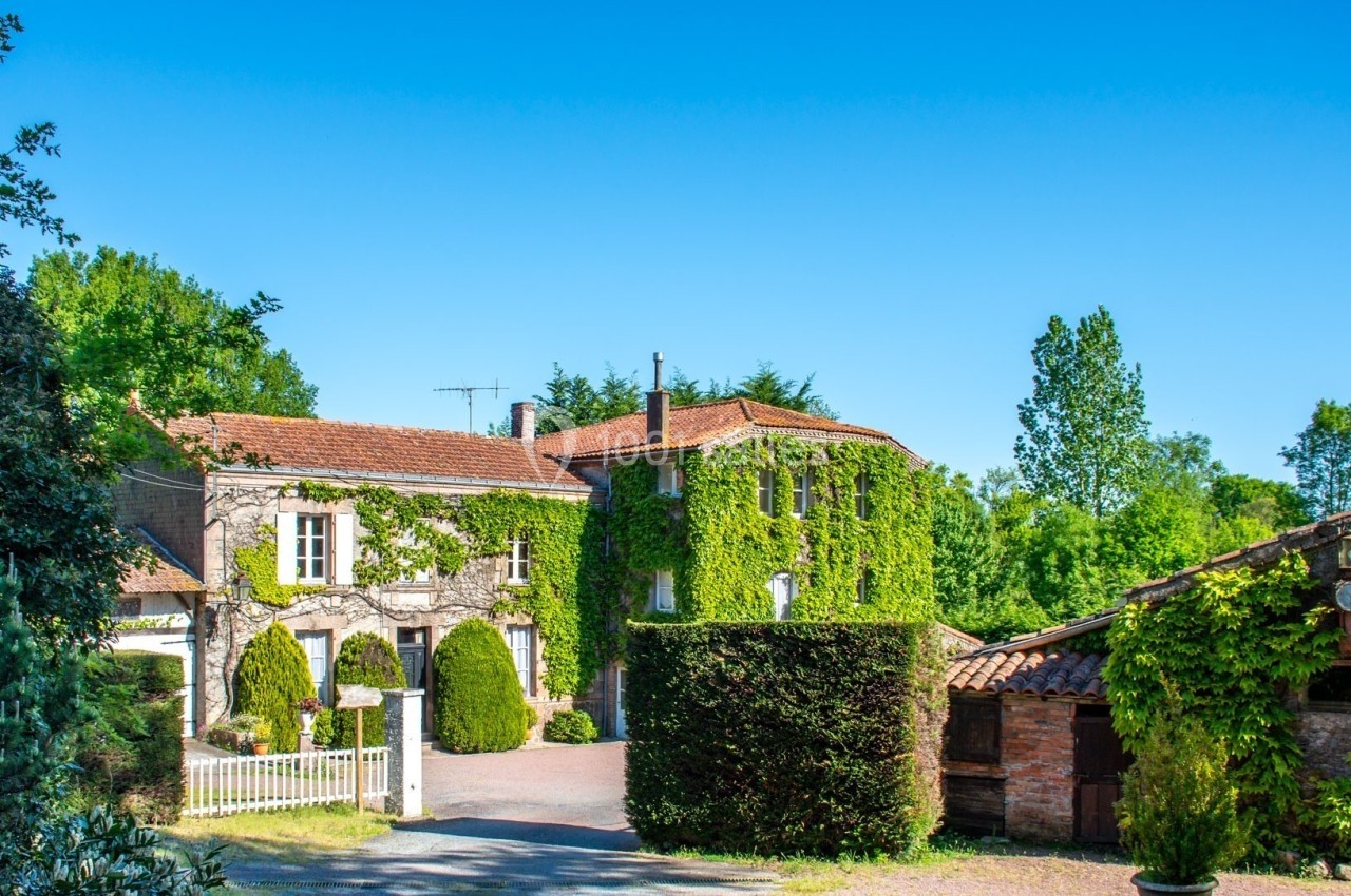 Maison en pierre recouverte de lierre, entourée de végétation, sous un ciel bleu clair.