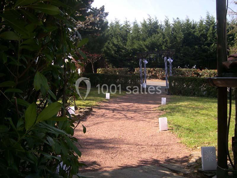 Allée en gravier bordée de lanternes blanches menant à une arche décorée, entourée de verdure.