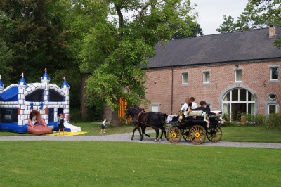 Miniature Location salle Hannut (Liège) - Château d'Avin #19 Manoir blanc entouré de pelouses et d'arbres, avec un étang au premier plan reflétant le bâtiment.
