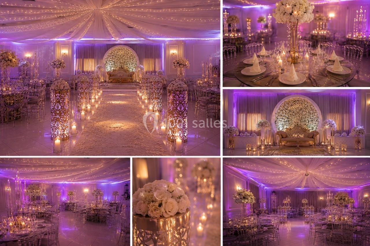 Salle de réception décorée avec des lumières tamisées, des fleurs blanches et des tables élégantes sous un plafond illuminé.