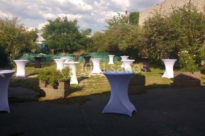 Salle de réception avec des chaises blanches décorées de nœuds, disposées autour de tables sur un sol en parquet clair.