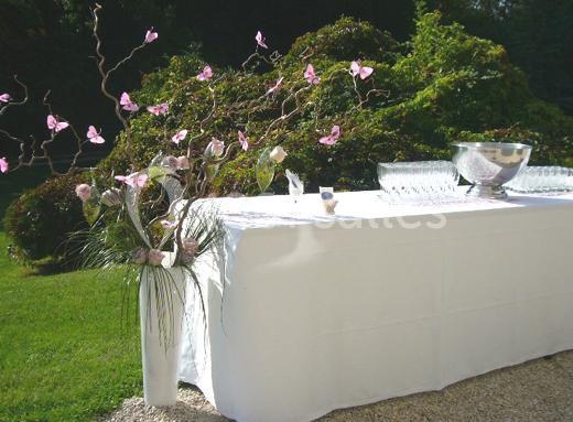 Table drapée de blanc en extérieur, décorée de branches ornées de papillons roses, avec verres et bol argenté.