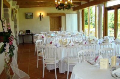 Miniature Location salle Audierne (Finistère) - Manoir de Menez Bras #15 Lit double avec couvre-lit rouge à motifs, encadré par deux tables de chevet, éclairé par des appliques murales.