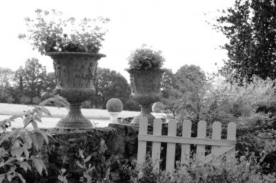 Deux jardinières sculptées sur un muret en pierre, entourées de végétation, avec une petite barrière en bois.