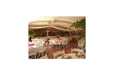Salle de réception décorée avec des tables rondes dressées, des chaises blanches et des plantes entourant l'espace.
