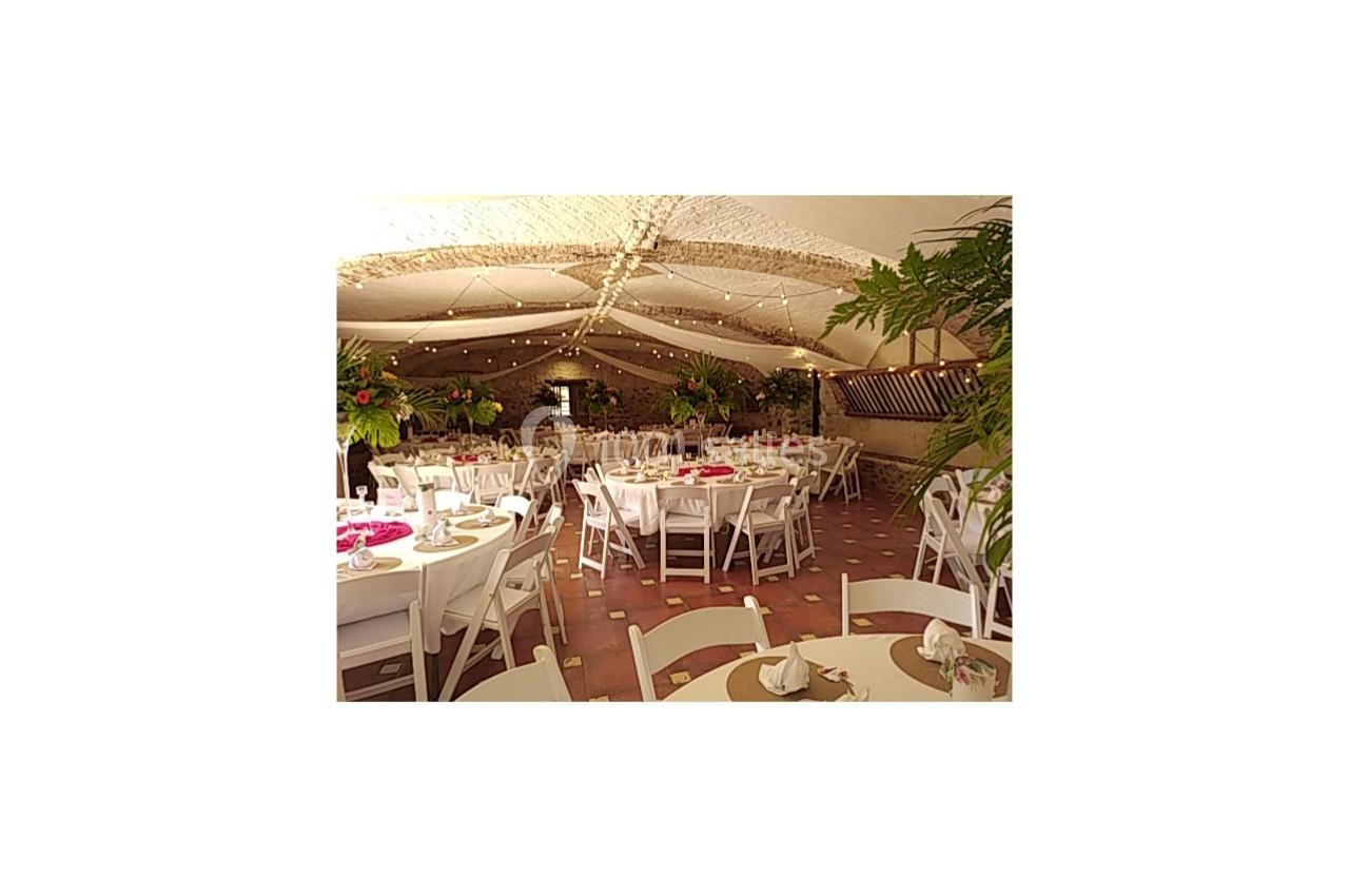 Salle de réception décorée avec des tables rondes dressées, des chaises blanches et des plantes entourant l'espace.