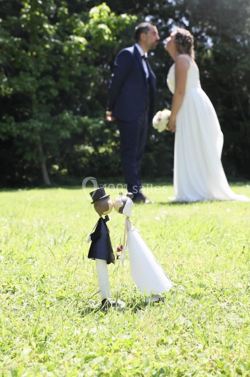 Deux figurines de mariés en premier plan sur une pelouse, avec un couple de mariés flou en arrière-plan.