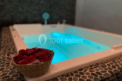 Miniature Location salle Bélesta (Pyrénées-Orientales) - Domaine Riberach #24 Bain à remous éclairé en bleu, entouré de pierres sombres, avec un panier de pétales rouges au premier plan.