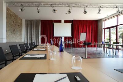 Miniature Location salle Bélesta (Pyrénées-Orientales) - Domaine Riberach #6 Bain à remous éclairé en bleu, entouré de pierres sombres, avec un panier de pétales rouges au premier plan.