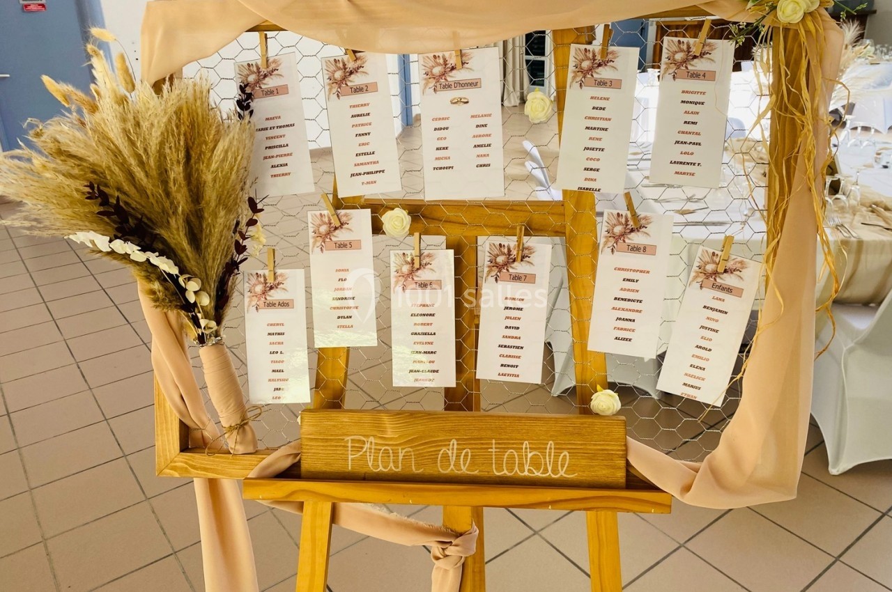 Plan de table sur un chevalet en bois, décoré de fleurs et de pampas, avec des cartes fixées sur un grillage.