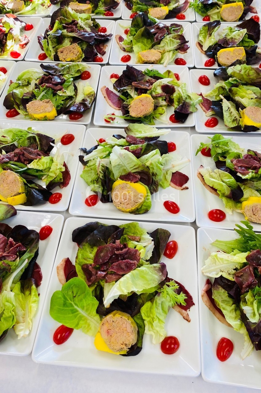 Assiettes de salade garnies de feuilles vertes, tomates cerises, tranches de viande séchée et rondelles de terrine.