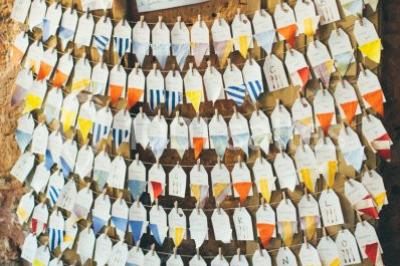 Miniature Location salle Piolenc (Vaucluse) - Château Beauchêne #9 Un couple en tenue de mariage sourit sur les marches d'un escalier en pierre devant une maison entourée de végétation.