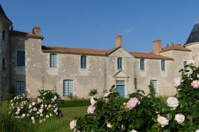 Un couple marche dans le jardin d'un château ancien entouré de verdure par une journée ensoleillée.