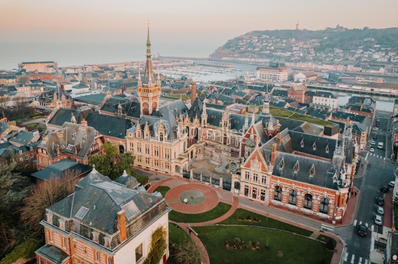 Vue aérienne d'un centre-ville côtier avec bâtiments historiques, une place centrale et un port en arrière-plan.