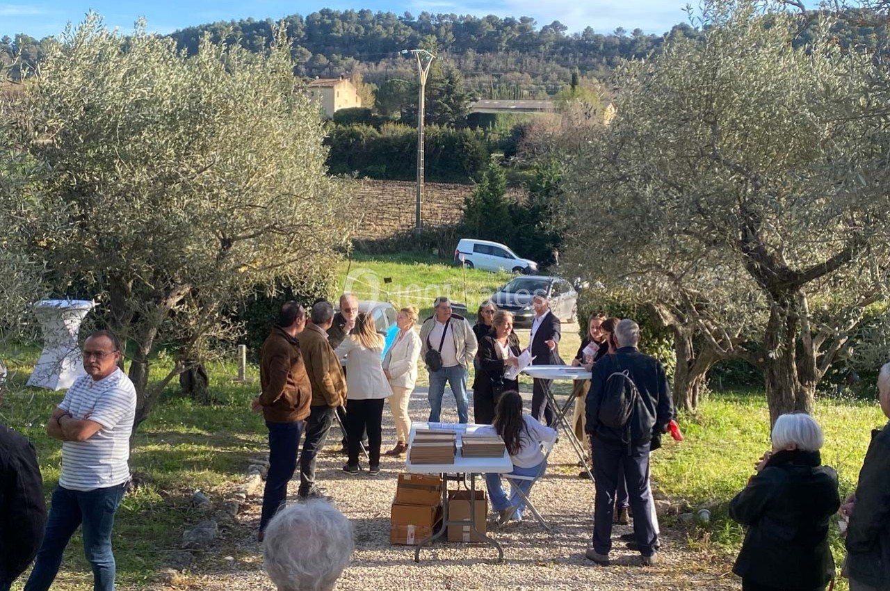 Groupe de personnes rassemblées en plein air dans une oliveraie, discutant autour d'une table avec des documents.