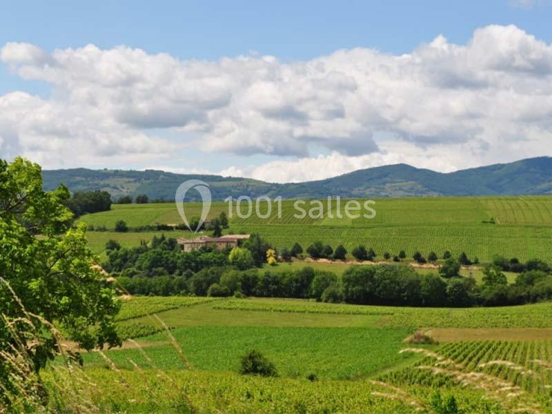 Paysage rural avec des champs verdoyants, des arbres et une maison au loin, sous un ciel partiellement nuageux.