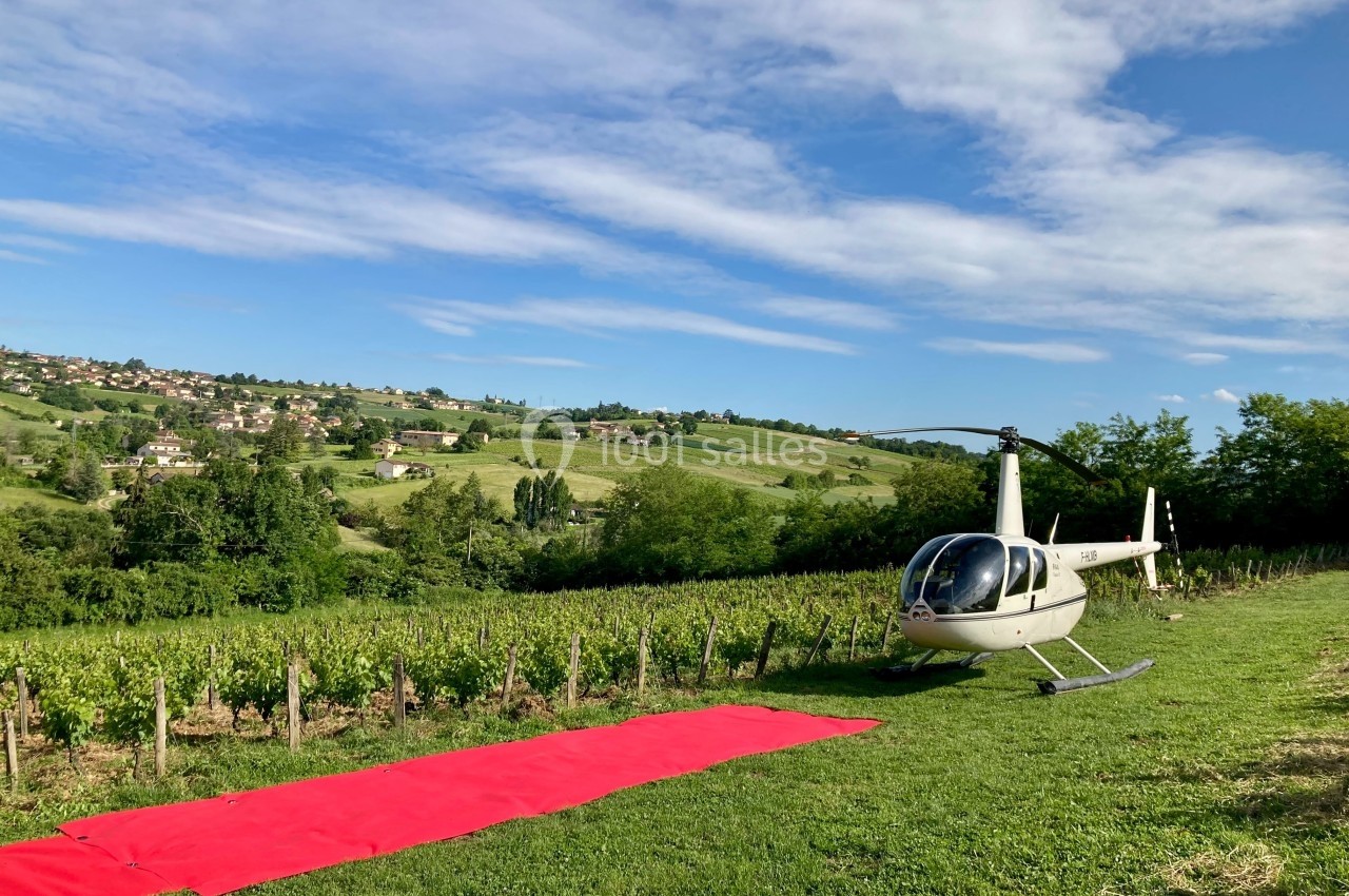 Hélicoptère posé sur une pelouse près d'un vignoble, avec un tapis rouge au sol et un paysage vallonné en arrière-plan.