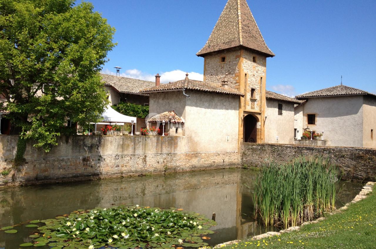 Bâtiment en pierre avec tour et toit en tuiles, bordé par un étang avec des nénuphars et des roseaux.