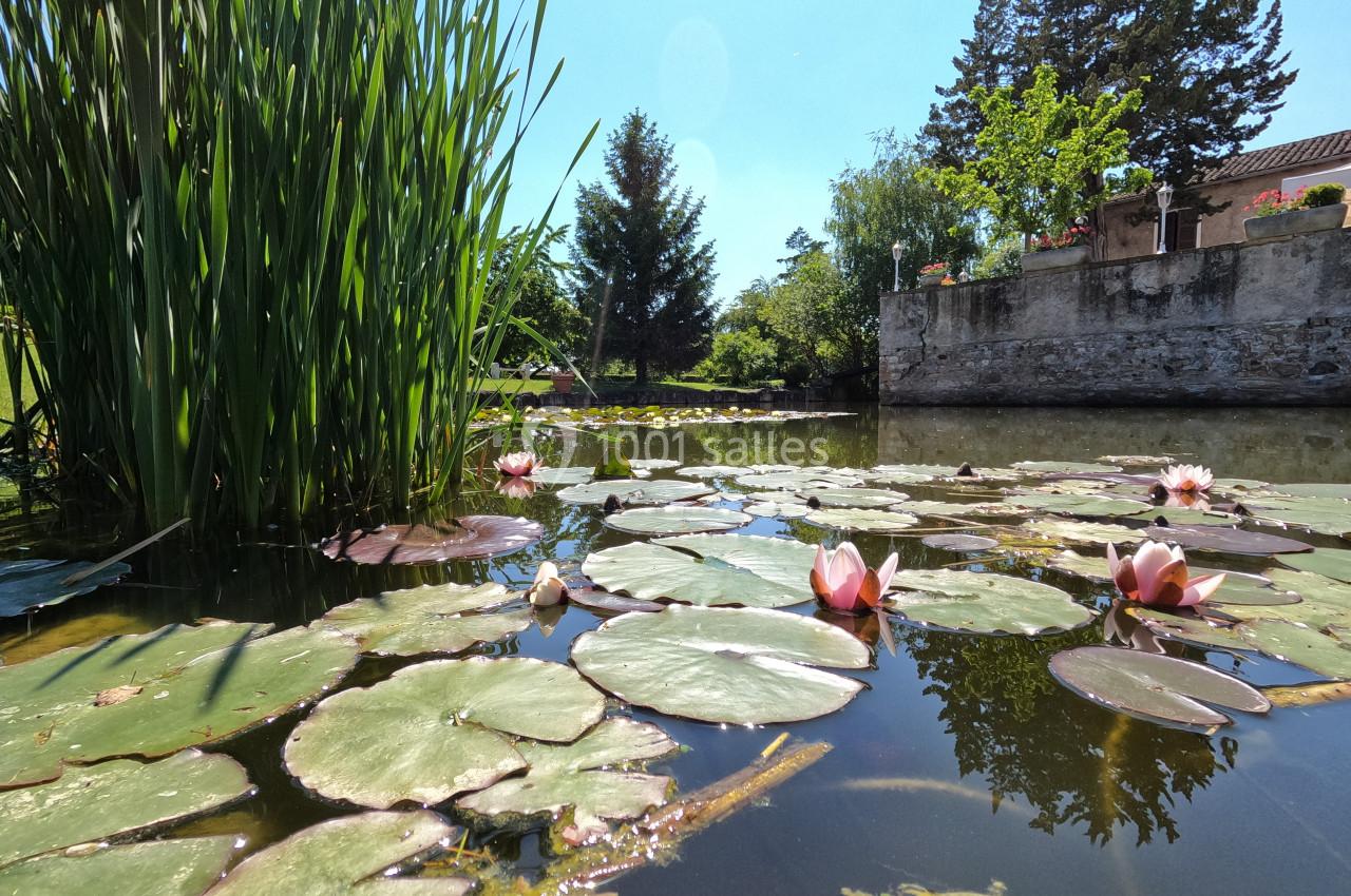 Étang avec des nénuphars en fleurs, entouré de végétation et d'un bâtiment en pierre sous un ciel dégagé.
