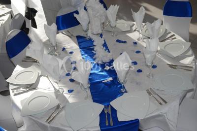 Deux femmes en robes traditionnelles violettes ornées de bijoux, posant devant un fond clair avec un fauteuil argenté.