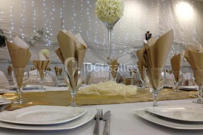 Deux femmes en robes traditionnelles violettes ornées de bijoux, posant devant un fond clair avec un fauteuil argenté.