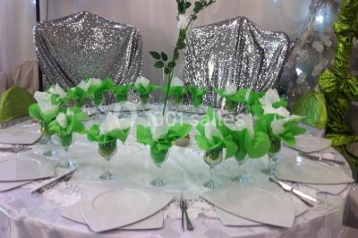 Deux femmes en robes traditionnelles violettes ornées de bijoux, posant devant un fond clair avec un fauteuil argenté.