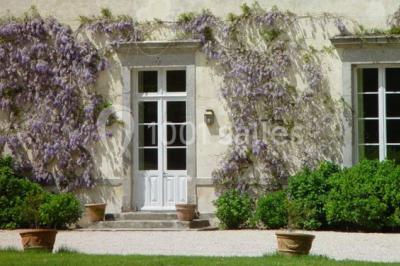 Chambre lumineuse avec un lit double, des rideaux fleuris, un lustre, des meubles classiques et des fenêtres donnant sur la…